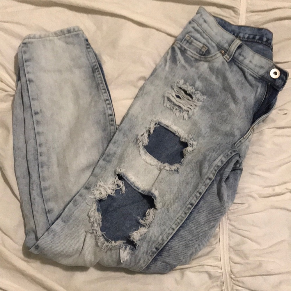 Acid wash distressed jeans
